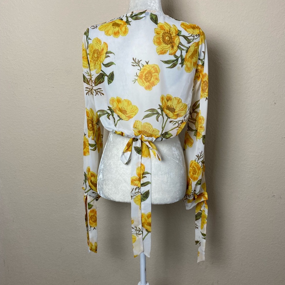 Favlux White & Yellow Floral Print Chiffon Cold Shoulder Crop Top Size Large - Picture 7 of 10
